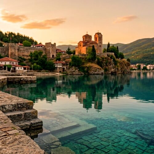 Stone seawall curves along a calm turquoise bay, with historic houses and a church on a rocky promontory at sunset.