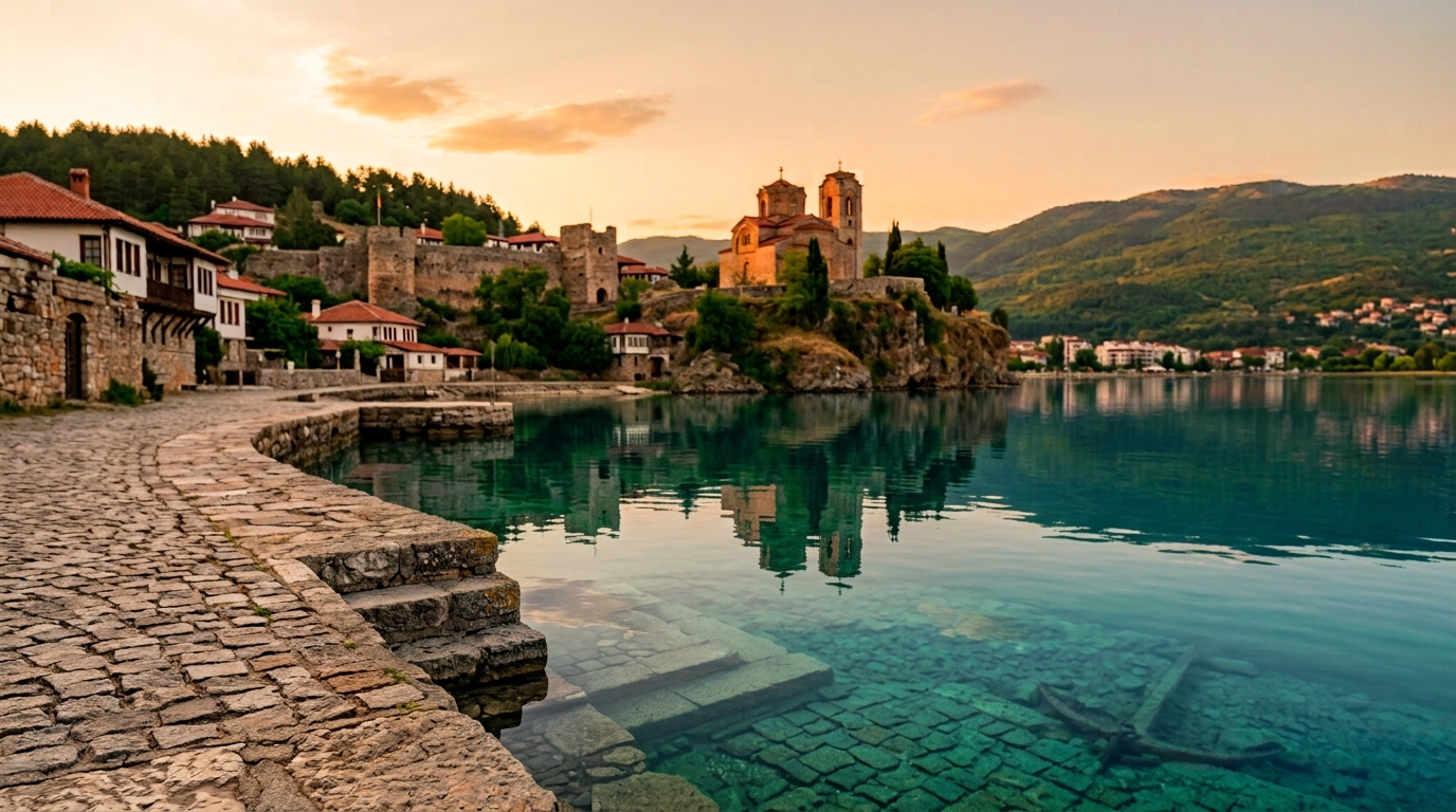 Stone seawall curves along a calm turquoise bay, with historic houses and a church on a rocky promontory at sunset.